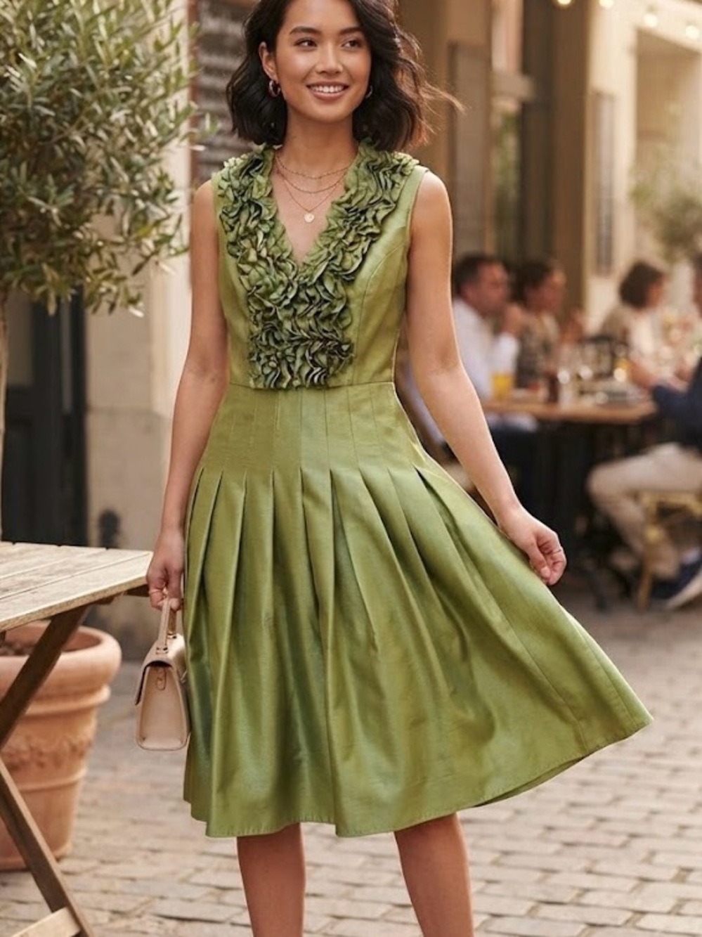Jessica Howard Sage Green Ruffled V-Neck Pleated Cocktail Dress Wedding Formal - Picture 1 of 5